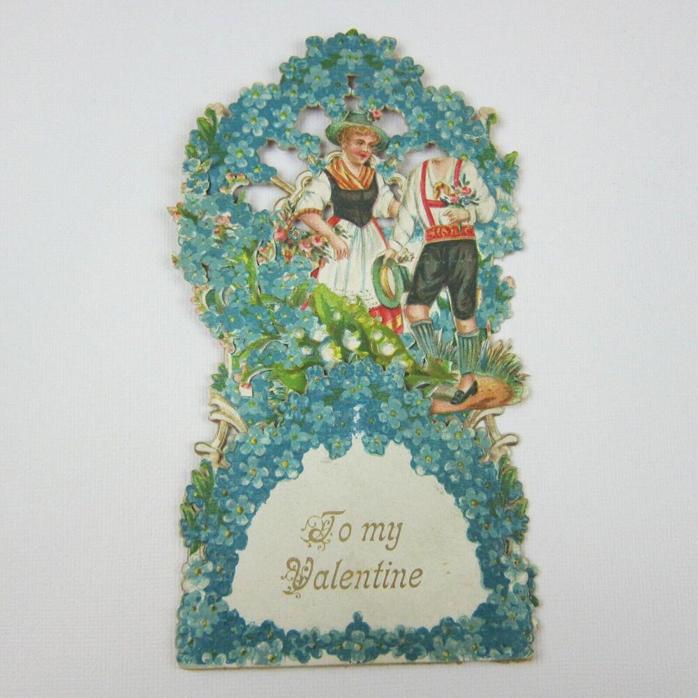 Vintage Valentine 3D Pop Up Die Cut German Girl Red Boy Lederhosen Blue Flowers - Picture 8 of 12
